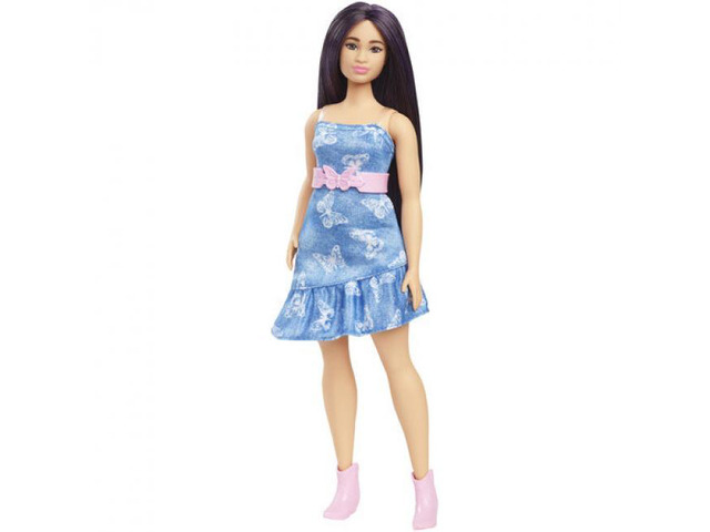 Mattel Barbie Fashionistas Doll #231 in Denim Butterfly Dress With Pink Belt, Purple Hair - HYT89