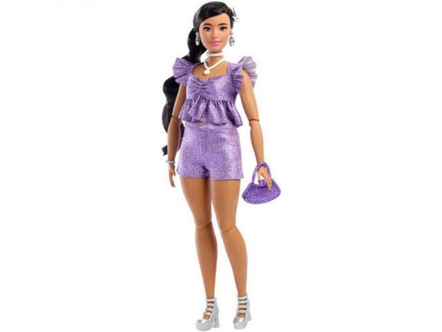 Mattel Barbie Deluxe Style with Black Hair in Metallic Purple Top & Shorts - JFP43