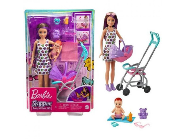 Barbie Skipper Babysitters Inc. Stroller Playset, Brunette and Purple Hair
