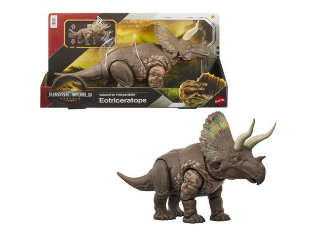 Mattel Jurassic World Rebirth Gigantic Thrashers Eotriceratops Dinosaur Figure 14 Inches Long with 2 Attack Motions
