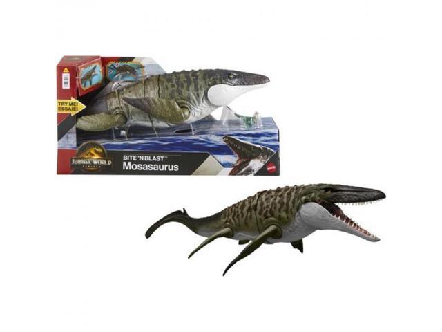 Mattel Jurassic World Rebirth Bite N Blast Mosasaurus Dinosaur Action Figure 25.7 Inches Long with Mini Dilophosaurus