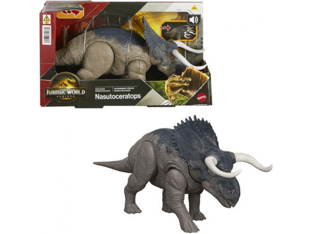 Mattel Jurassic World Rebirth Wild Roar Nasutoceratops Dinosaur Figure 12 Inches Long with Attack Motion and Roar Sound