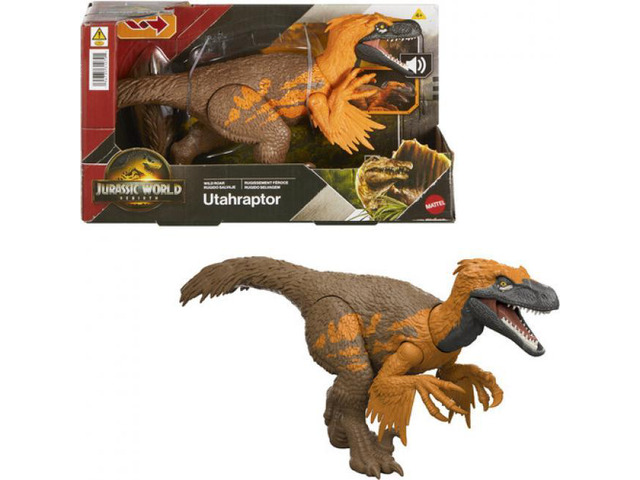 Mattel Jurassic World Rebirth Wild Roar Utahraptor Dinosaur Figure 12 Inches Long with Attack Motion and Roar Sound