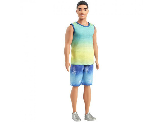 Barbie Ken Fashionista with Black Hair, Wearing Blue and Green Ombre Tank with Jean Shorts and Silver Sneakers