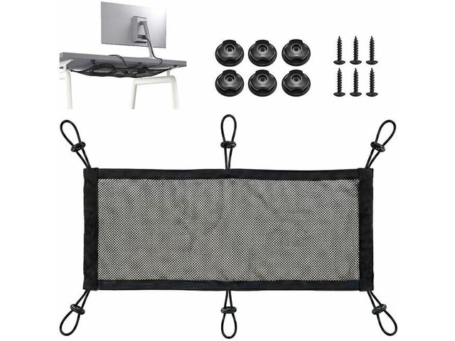 Turonic DM1 Under Desk Cable Management Tray Net Kit Cord Organizer for Desk - Nylon Mesh 50x25 cm, 11 lbs Load, 6-Point Mount, No-Drill 3M...