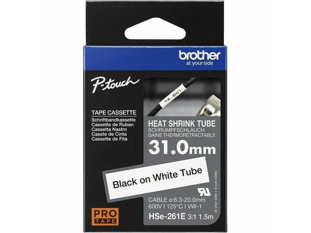 Brother HSe-261E Black on White Heat Shrink Tube Tape, 31 mm (1.22 in.) - 59/64' Width x 59 1/16' Length x 25/32' Diameter - Rectangle - Black on...