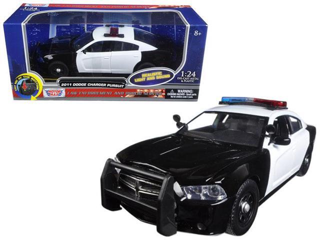 2011 Dodge Charger Pursuit Police Car Black and White with Flashing Light Bar and Front and Rear Lights and 2 Sounds 1/24 Diecast Model Car by...