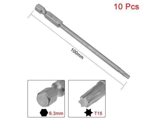 10pcs 100mm Long 1/4' Hex Shank T15 Magnetic Torx Head Screwdriver Bits S2 High Alloy Steel