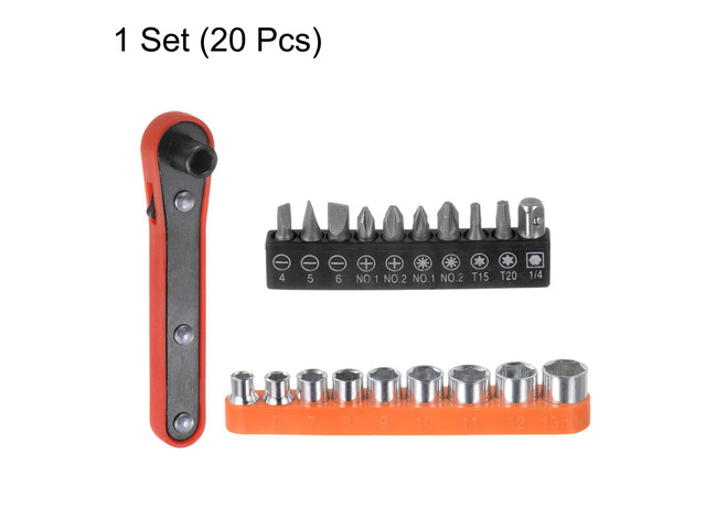 20 in 1 Screwdriver Bit Set 1/4' Hex Shank Torx Slotted Phillips Pozi Bit Set and 5-13mm Metric Socket with 6 Point Mini Ratchet Wrench
