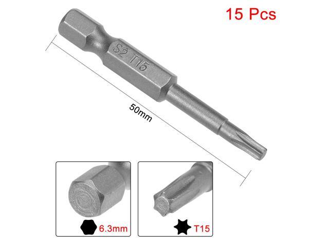 15pcs 50mm Long 1/4' Hex Shank T15 Magnetic Torx Head Screwdriver Bits S2 High Alloy Steel