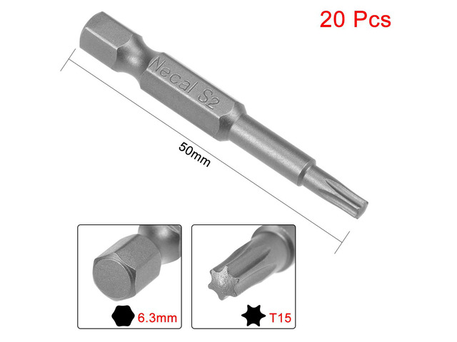 20pcs 50mm Long 1/4' Hex Shank T15 Magnetic Torx Head Screwdriver Bits S2 High Alloy Steel