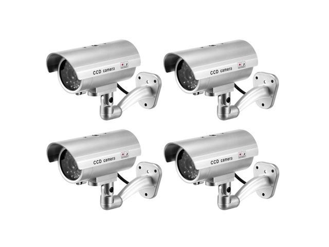 Fake Security Camera Dummy CCTV Surveillance System with Blinking Red LED Warning Alert Light, Sticker for Home Outdoor Indoor Silver 4pcs