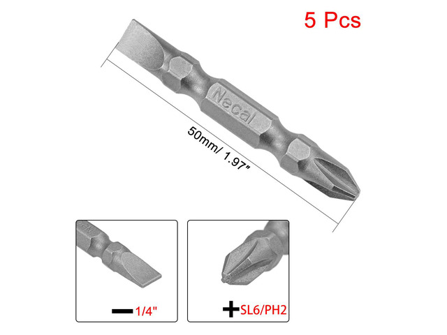 5pcs 1/4' Hex Shank 50mm Length Magnetic Screwdriver SL6/PH2 Slotted-Phillips Double-Head Screwdriver Bits S2 Alloy Steel