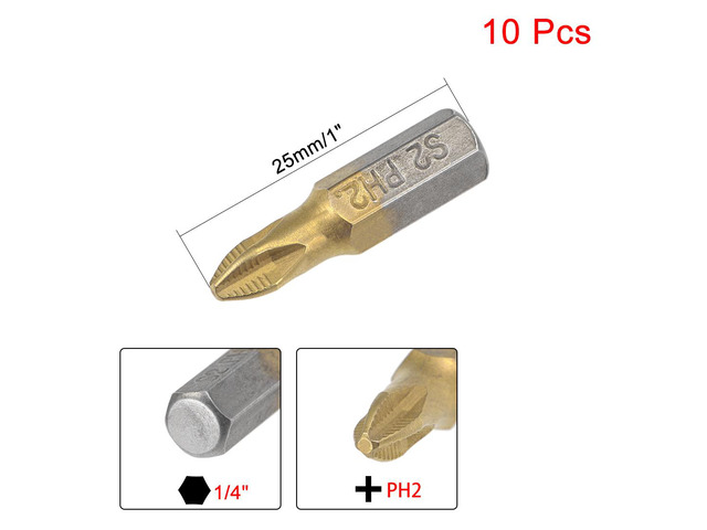 1/4-Inch Hex Shank Magnetic Phillips Cross Screwdriver Bit, 25mm Length PH2 Titanium Plating S2 Non-Slip Screwdriver Bits 10pcs