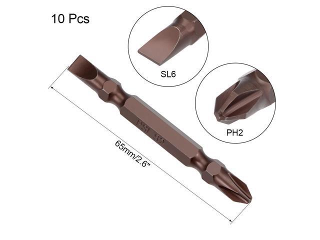 10pcs 1/4' Hex Shank 65mm Length Magnetic Screwdriver PH2/SL6 Slotted-Phillips Double-Head Screwdriver Bits S2 Alloy Steel