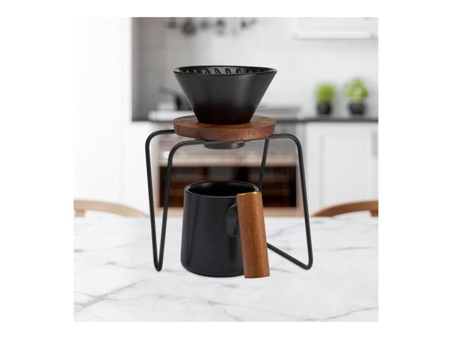 chefwave artisan series pour-over coffee maker set with ceramic cone, wood ring and stainless steel stand, 1-2 cup personal size