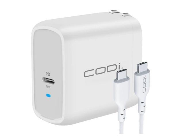 CODi 65W GaN USB-C Wall Charger with Power Delivery, Includes 6.5 ft USB-C to USB-C Cable