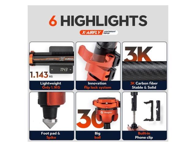 Fotopro X-Airfly Tripod with Lightweight 3K Carbon Fiber Legs, Flip Lock System, and Two Section Center Column (Orange)