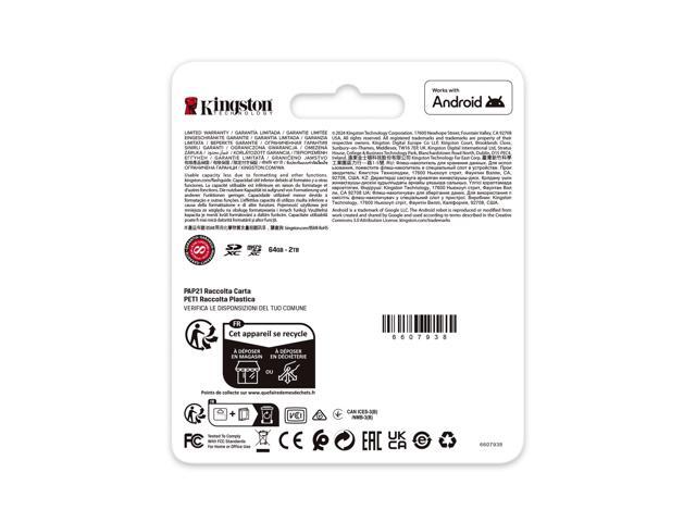 Kingston Canvas Go Plus microSDXC Memory Card Gen4 200MB/s A2 U3 V30 64GB Single Package Without ADP-SDCG4/64GBSP