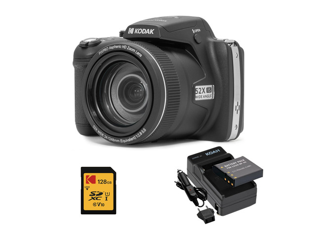 PIXPRO AZ528 16MP Astro Zoom Digital Camera Bundle (Black) Rechargeable Battery, 128GB SD Card, Charger Kit, 52x Optical, (3 items)