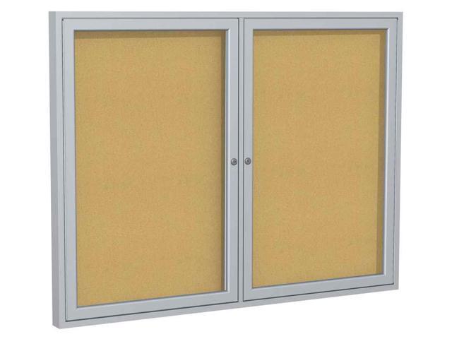 Ghent PA23660K 2 Door Enclosed Natural Cork Bulletin Board with Satin Frame - 60' x 36' - Tan Surface, Satin Aluminum Frame
