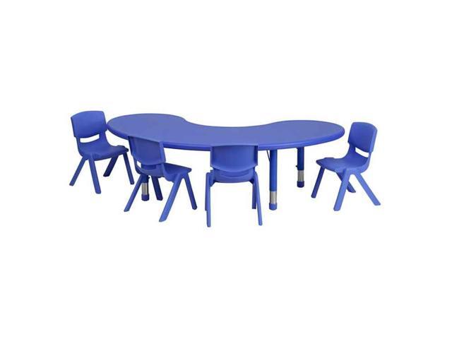 35''W x 65''L Half-Moon Blue Plastic Height Adjustable Activity Table Set with 4 Chairs