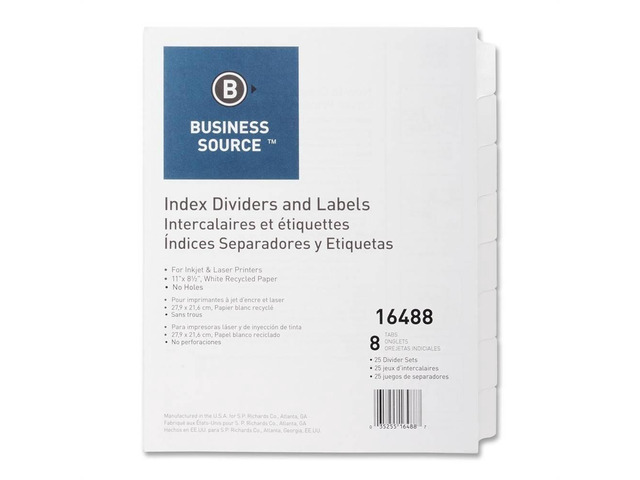 Business Source Index Dividers Unpunched 8-Tab 25 Sets/BX White 16488