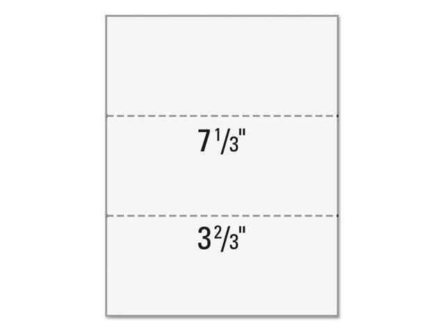 8-1/2'' x 11' Laser Cut Sheet, 20# White Stock, 2 Horizontal Perforations 3-2/3' and 7-1/3' from Bottom (Carton of 2500)