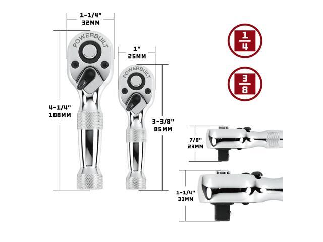 Powerbuilt 2 Piece Stubby Ratchet Handle Set, 72 Tooth, 1/4-Inch, 3/8-Inch Drive