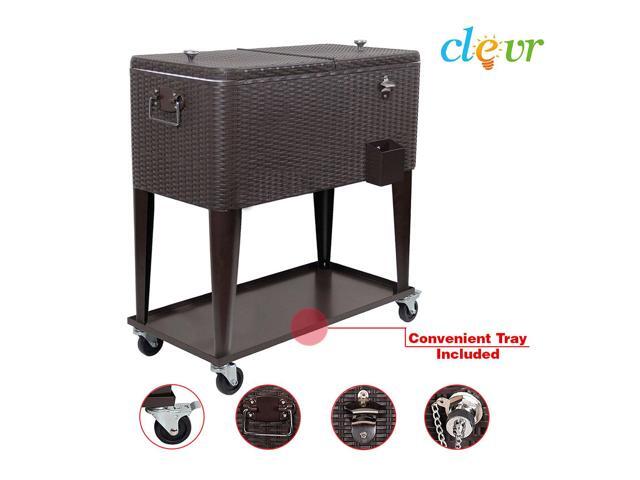 Clevr Outdoor Patio Rolling Cooler 80 Qt Wicker Ice Beer Chest Cart Brown Rattan