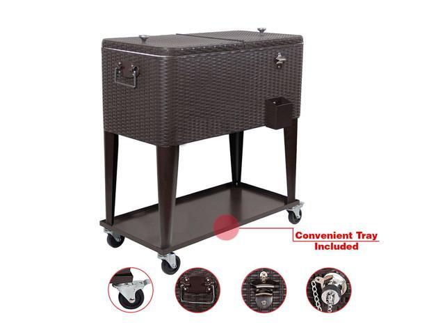 Outdoor Patio Rolling Cooler Cart 80 Qt Wicker Ice Chest Beverage Brown Rattan
