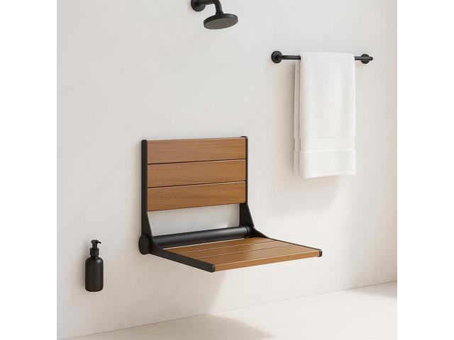 18' ADA Compliant Folding Teak Wood Shower Bench Seat Medical Wall Mount Black