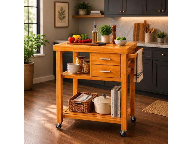 Rolling Bamboo Kitchen Island Cart Food Prep Trolley, with Towel Rack Drawers