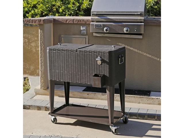 Outdoor Patio Rolling Cooler Cart 80 Qt Wicker Ice Chest Beverage Brown Rattan