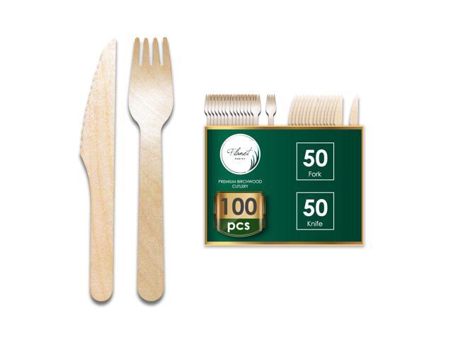 Planet Pantry Disposable Birchwood Cutlery Wooden Bamboo-Like for Party - Fork & Knife - 50 pcs each