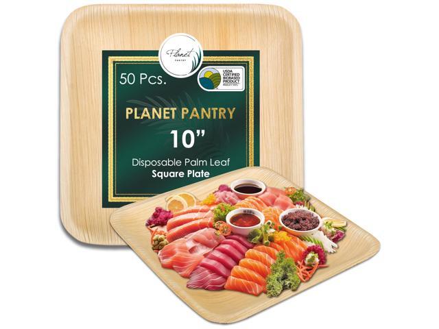Planet Pantry Disposable Palm Leaf 10' Square Plate (50 pcs) Wooden Bamboo-Like Paper and Plastic Alternative Eco-Friendly for Food, Party, Buffet