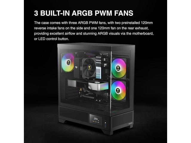 Gamdias ATLAS M1 CPU/GPU Temperature Display, ATX Tempered Glass PC Case, Built-in 3X 120mm ARGB PWM Fans, fits: GPU 410mm, and 360mm AIO/Radiator