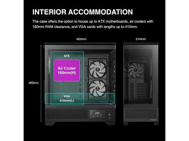 Gamdias ATLAS M1 CPU/GPU Temperature Display, ATX Tempered Glass PC Case, Built-in 3X 120mm ARGB PWM Fans, fits: GPU 410mm, and 360mm AIO/Radiator