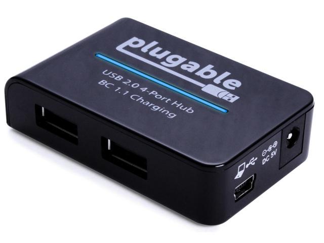 Plugable USB 2.0 4-Port High Speed Hub with 12.5W Power Adapter.