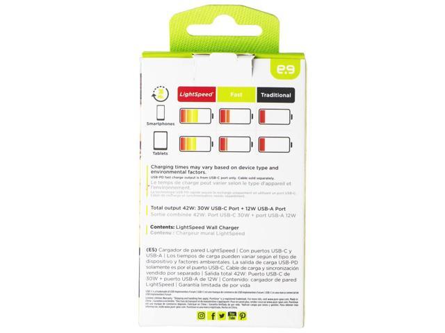 PureGear LightSpeed (42W) USB-C and USB-A Wall Charger - White (63978PG)