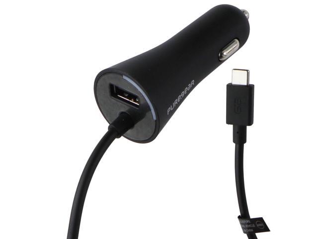 PureGear 24W Car Charger with 7-Ft USB-C Connector + Extra USB Port - Black
