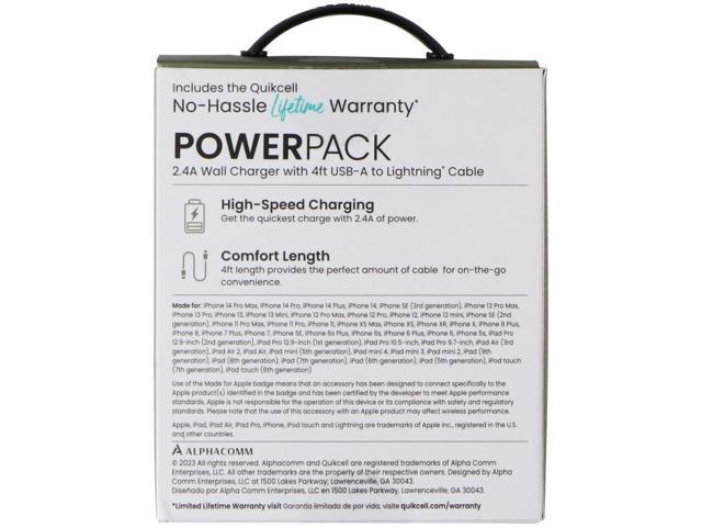 Quikcell Power Pack 2.4A Wall Charger with 4Ft USB-A to Lightning 8-Pin Cable