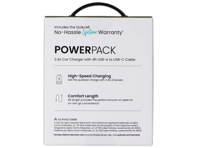 Quikcell Power Pack 2.4A Car Charger with 4ft USB-A to USB-C Cable - Black