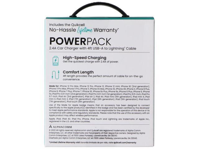 Quikcell 2.4A Car Charger with 4ft USB-A to Lightning 8-Pin Cable - Black