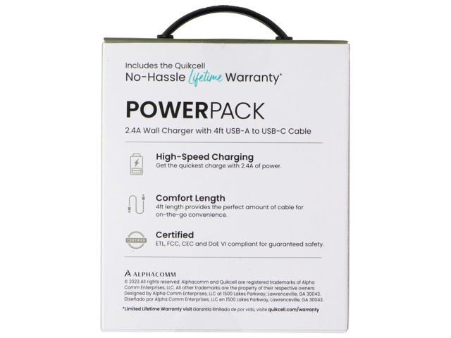 Quikcell Power Pack 2.4A Wall Charger with 4ft USB-A to USB-C Cable - Black