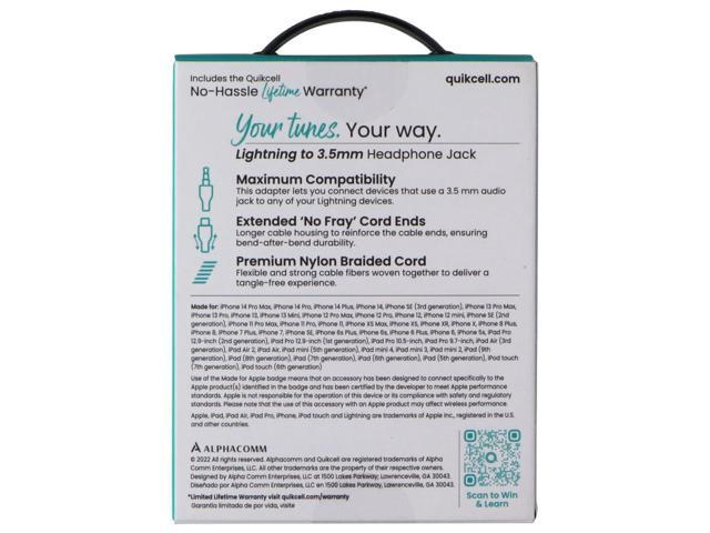 Quikcell Braided Audio Adapter Cable 8-Pin to 3.5mm Headphone Jack - Black