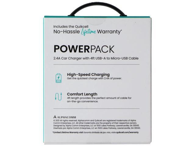 Quikcell Power Pack 2.4A Car Charger with 4ft USB-A to Micro-USB Cable - Black