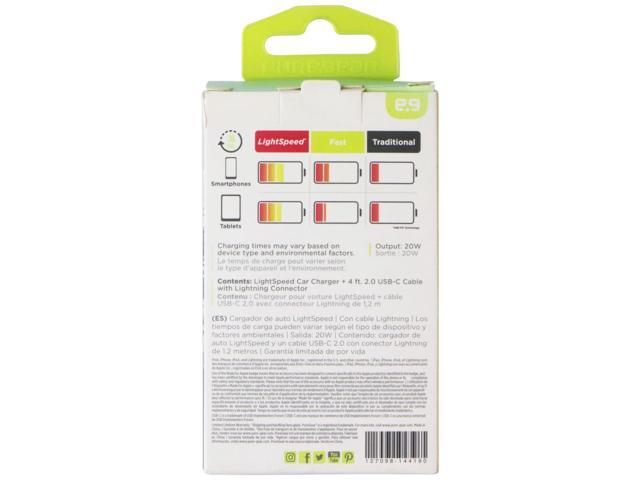 PureGear Light Speed 4 Foot USB-C to 8-Pin Cable and 20W Car Charger - White