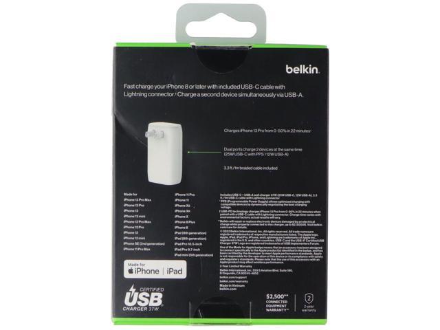 Belkin BoostCharge 37W Dual USB-C/USB-A Wall Charger w/ USB-C to 8-Pin Cable