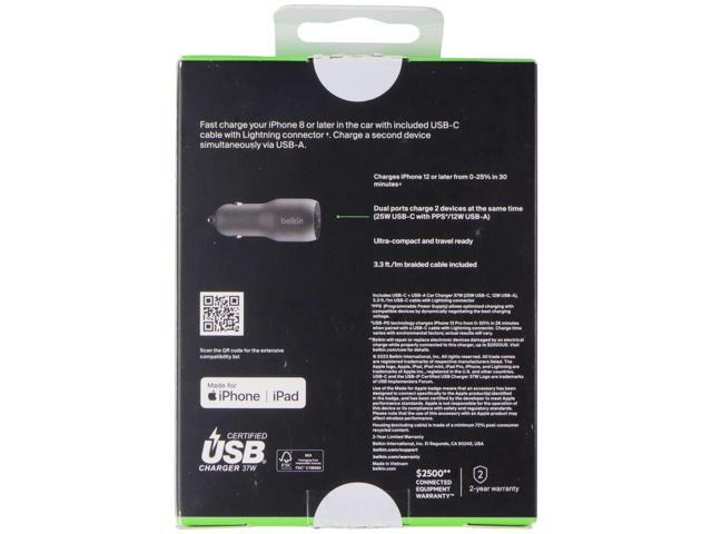 Belkin BoostCharge 37W USB-C/USB-A Car Charger w/ USB-C to 8-Pin Cable - Black